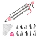Dessert Decorating Syringe Set Icing Piping Kit Frosting Piping Kit Stainless Steels Cake Decorating Kit with 10 food grade stainless steel piping tips & 50 Disposable Piping Bags, Pink