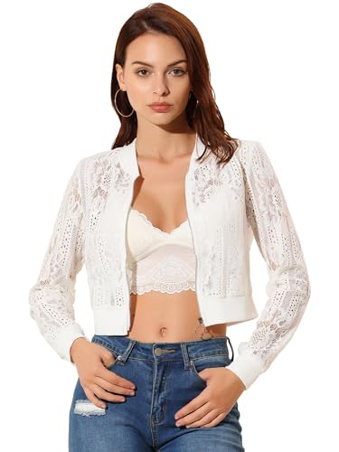 Allegra K Women's Crop Jacket Stand Collar Zip Up Sexy Sheer Gothic Lace Lightweight Baseball Jacket Small White