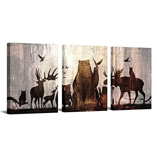 Sechars Vintage Animal Canvas Wall Art Forest Deer Bear Picture Art Prints 3 Piece Brown Farmhouse Painting For Home Cabin Wall Decoration Gallery Wrapp Ready To Hang Each Piece 12X16 #TOP20