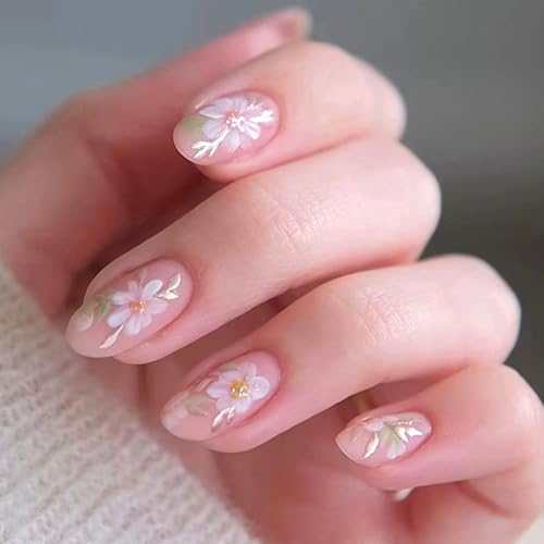 Almond Press on Nails Short Fake Nails with Flower Leaves Design Glue on Nails Press ons Nude Translucent Full Cover Artificial Stick on Nails for Women Girls 24 Pcs