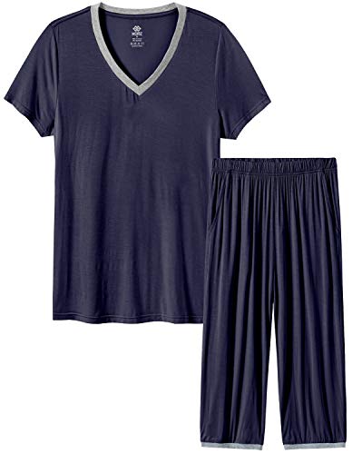 Image of JINSHI Women's Pajamas Set Short Sleeve Top and Capri Pants Lightweight Sleepwear Comfy Pjs Lounge Set with Pockets