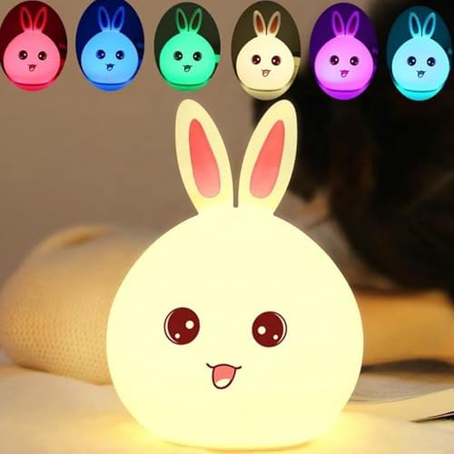 Image of Cute Silicon Bunny Face Night Light, Rechargeable Touch Light, 7 Color Changing Mode with USB Cable, Perfect for Children, Toddlers, Kids Suitable for Baby Room Pack of 1
