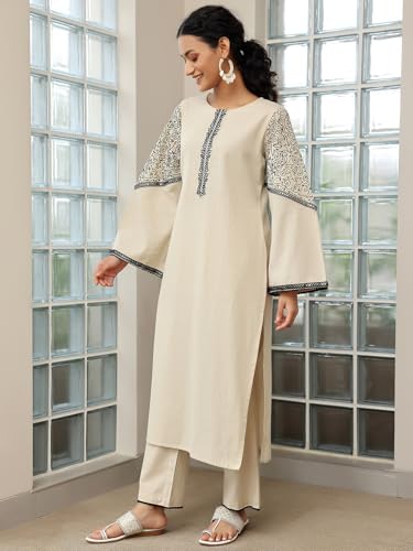 Image of Libas Solid Cotton Blend Straight Kurta with Palazzo and Dupatta