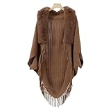 DFGBAPKBL Gestrickter Poncho für Damen Damen Poncho Frühling Herbst Strickkragen Quaste Schal Cloake Elegante Lose Wrap Cardigan Warmer Mantel(Khaki)