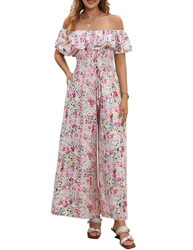 BeryLove Womens Floral Casual Jumpsuit Summer 2025 Fashion Off Shoulder Wide Leg Wedding Party Jumpsuits with Pockets Pink M