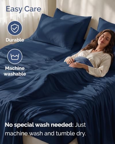 Image of Split King 7 Piece Bed Sheet Set - Comfy, Breathable & Cooling - Dark Blue
