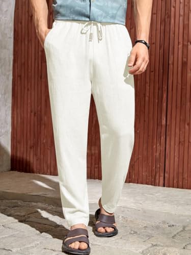 Image of TOPLOT Men's Premium Linen Blend Pants | Lightweight Breathable Fabric | Elastic Waist with Drawstring | Straight Fit | Side Pockets | Perfect for Casual, Holidays & Travel (5268)