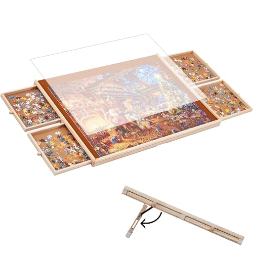 YISHAN 1000 Piece Wooden Jigsaw Puzzle Board Table with Drawers and Cover, Adjustable Puzzle Easel, 30''x22'' Portable Tilting Puzzle Plateau for Adults and Children, Translucent Cover