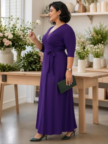 Image of SUZONANA Plus Size Maxi Dresses for Curcy Women Casual Loose 3 /4 Sleeve Long Dress with Belt
