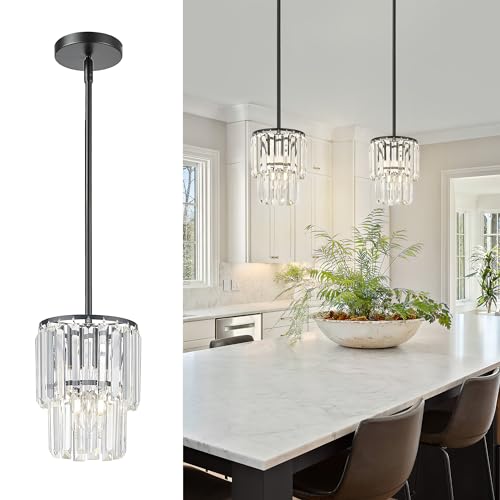 KLKLCH Small Chandelier Light Fixture, Black Crystal Pendant Light, 2 Tiered 6.5" Modern Mini Hanging Lights, Vintage Chandeliers for Bedroom Dining Room Kitchen Island Entryway Living Room Foyer
