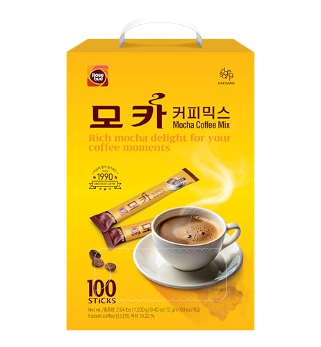 Rosebud Coffee Mix 100 Sticks – Korean Instant 3-in-1 Coffee with Sugar, Cream & Cocoa – Smooth, Sweet & Creamy Flavor – Easy to Make Café-Style Coffee Anywhere – Perfect for Home, Office, Travel, Camping, Gifts – 2.7 lbs (43.2 oz) (Dark Mocha)
