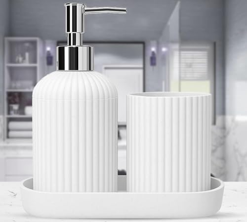 Image of 3PCS Set Bathroom Soap Dispenser Set with Toothbrush Holder and Vanity Tray Unbreakable (White)