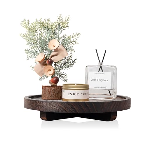 Round Decorative Tray Wood Bathroom Counter Organizer Farmhouse Kitchen Decor Wooden Riser for Soap Dish, Perfume, Candle, Sponge, 8" - Bark Brown by zoocatia - Used condition - US$12.09