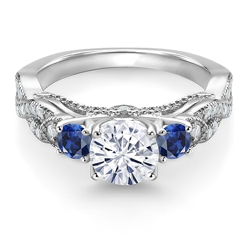 Gem Stone King 1.35 Cttw White Moissanite and Blue Created Sapphire Engagement Ring For Women | 925 Sterling Silver | Round 6MM and 3MM | Available In Size 5, 6, 7, 8, 93