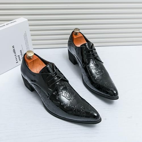 Men's Printing Pointed-Toe Patent Leather Derby Oxford Shoes,Classic Lace-up Low Top Block High Heel Fashion Slip On Prom Business Wedding Dress Shoes(Noir,10.5)2