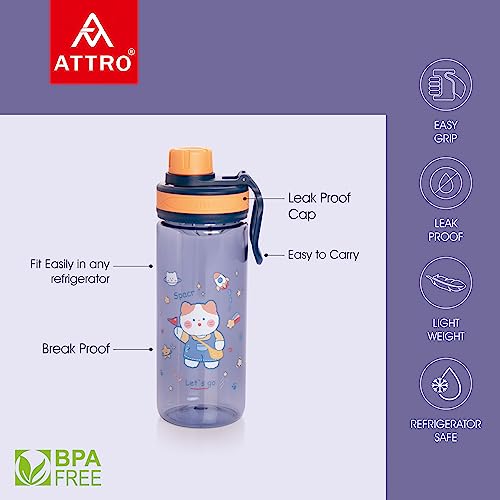 Image of Attro Champ 550ml Cute and Convenient Cartoon Printed Kids Plastic Water Bottle with Designer Hand Strap & Flip Lid BPA-Free-Perfect for School,Sports and Travel -Blue