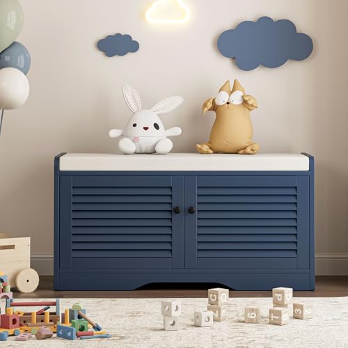 Bewyn Shoe Storage Bench with Padded Seat Cushion, Classic Louvre