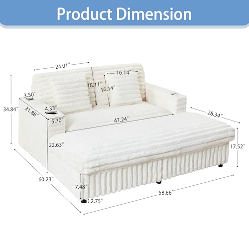 Image of 58'' Plush Faux Rabbit Fur Chaise Loveseat with Charging Station & Cup Holder and Pillows, Upholstered Corduroy Chaise Loveseat Sofa Recliner Longue Indoor Couch for Living Room, Bedroom, White