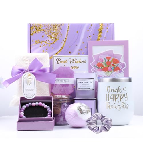 Gifts for Women, Self Care Set, Handmade Soap, Bath Salt, Scented Candle, Bath Bomb, 16 OZ Tumbler, Braceilet, Scrunchy, Towel, Gift Card and Gift Box, Birthday Present for Mom, Her, Sister, Wife, Girlfriend, Christmas Mothers Day Gifts (Purple)