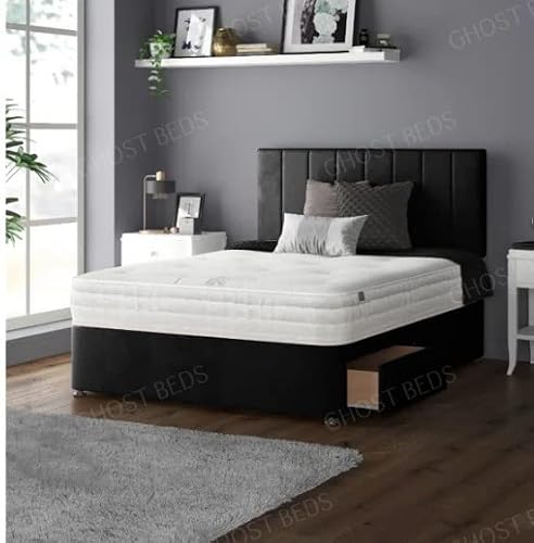 Image of GHOST BEDS Nova vegas Plush Divan Bed Set with 10" Thick Orthopaedic Mattress, Headboard and 2 Drawer Storage Same Side (Black, 4FT6 Double)