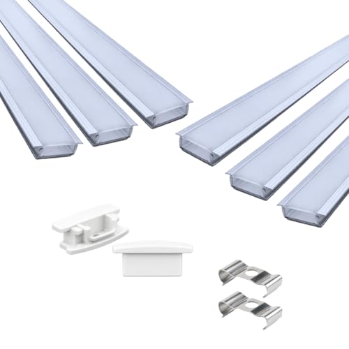 Image of Lighting 18x6mm LED Strip Lights 1 Meter Aluminium Rectangular Concealed Profile Light Channels with Diffused Cover, End Caps and Mounting Clips Without LED Straight Linear, (Pack of 6)