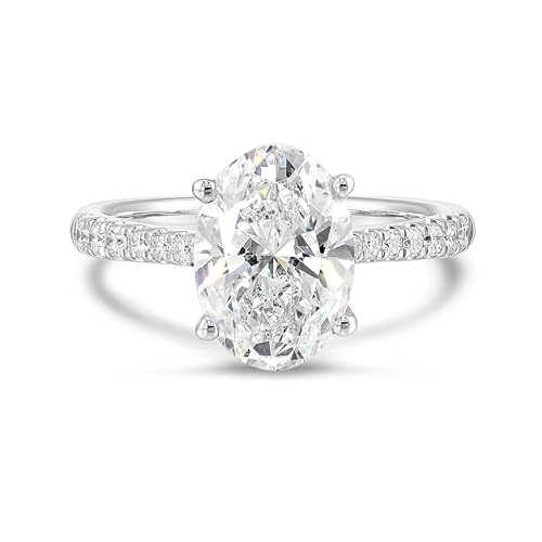 Carbon Atelier IGI Certified 3 1/4 Carat Oval Lab Grown Diamond Engagement Ring for Women - 14k White Gold Pave Band Ring for Her (G-H, VS1-VS2, 3.29 cttw) Wedding Promise Anniversary Ring Size 7