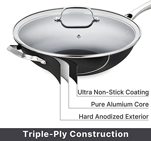 Qstar Hard-Anodized Nonstick Wok Pan With Lid And Stainless Steel Handle, Flat Base Stir-Fry Pan, Dishwasher Safe (12 Inch) #TOP3