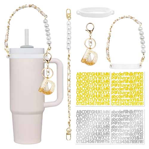 Mango de vaso con correa de cadena de perlas blancas y juego de llaveros personalizados
