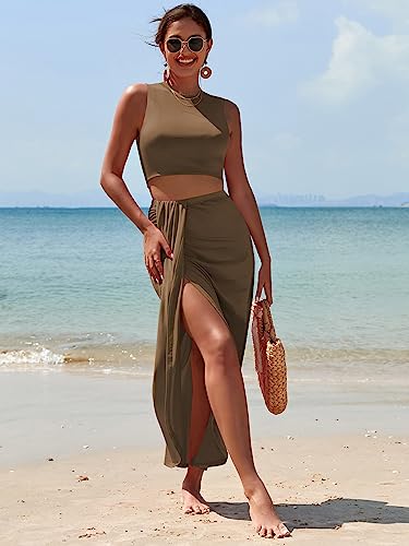 Image of ZAFUL Women's Casual Sleeveless Summer Two Piece Outfits Crop Top and Side Split Draped Ruched Maxi Skirt Set Solid Suiting
