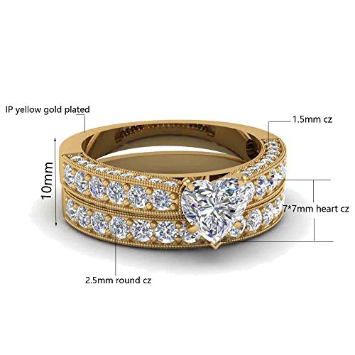 Yellow Gold Plated Heart cut 7mm CZ Womens Wedding Ring Sets Bridal Sets Engagement Rings2