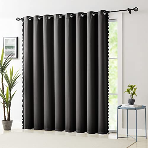 Image of Sliding Door Curtains Black with Pom Poms 100% Full Blackout Curtain Panels for Living Room Bedroom Room Divider Energy Efficient Extra Wide Window Drapes Grommet Top 100 inchW x 84 inchL 1 Panel