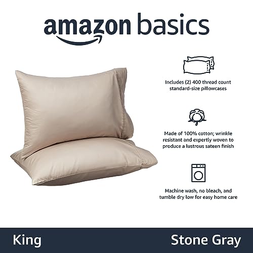 Image of Amazon Basics 400 Thread Count Soft Luxury 100% Cotton Wrinkle Resistant Pillow Cases, Smooth Sateen, Machine Wash, King, Stone Gray, 40 inch x 20 inch, Set of 2, Pillows Not Included (Pack of 2)
