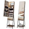 GOFLAME Standing Jewelry Cabinet Armoire, 65" Lockable Jewelry Storage Organizer with Full-Length Mirror, Inner Makeup Mirror with 3-Color LED Lights, Foldable Makeup Shelf, Bottom Shelf, Rustic Brown