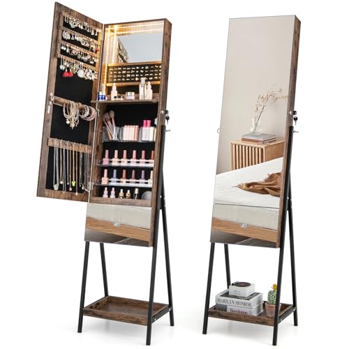 GOPLUS Armoire à Bijoux sur Pied, Armoire à Bijoux Verrouillable avec Lumières LED 3 Couleurs, Miroir Pleine Longueur, Tiroir, Étagère Pliable, 166CM Organisateur de Bijoux (Marron)