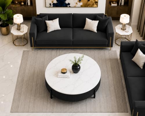 Image of WOODEN SPACE Premium Luxury Nazaara Marble-Top Coffee Table with Iron Legs & PVD Coating | Modern Round Wooden Center Table for Living Room & Entryway (Black, 30 Inch)