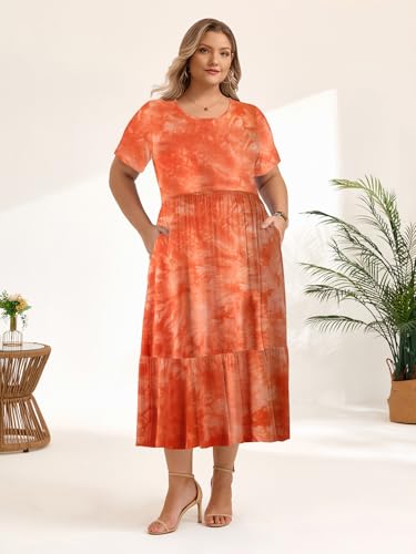 Image of LARACE Plus Size Dresses for Women Summer Casual Short Sleeve Long Dress Flowy Maxi Beach Dresses with Pockets L-6XL