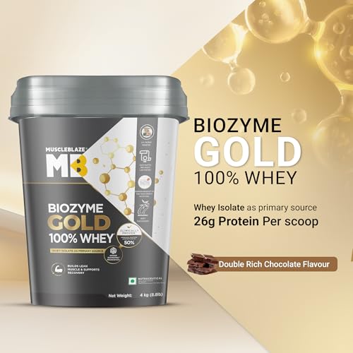 Image of MuscleBlaze Biozyme Gold 100% Whey Protein (Double Rich Chocolate, 4kg / 8.8lbs) | Whey Isolate as Primary Protein Source