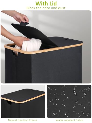 Image of efluky Double Laundry Hamper with Wheels, Divided Laundry Hamper with Removable Bags, 2 Section Dirty Clothes Basket with Handles for Bathroom, Bedroom & Laundry Room, 160L Dark Black