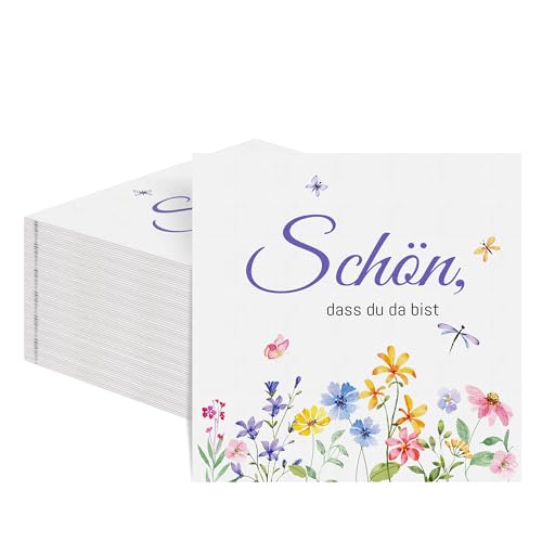 Aneco 120 Stück Servietten Hochzeit mit dem Spruch Schön dass du da bist 33x33 cm Einweg-Papierservietten mit Blumen Motiv für Hochzeit Geburtstag Frühling Tischdekoration