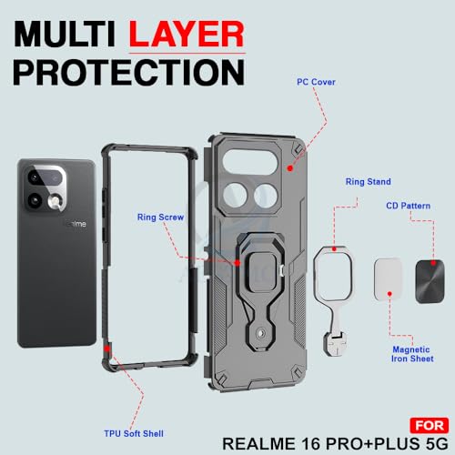 Image of AESTMO Armor Back Cover for Realme 16 Pro Plus 5G | Ring Holder & Kickstand & Camera Protection in-Built | 360 Degree Protection Back Case Cover for Realme 16 Pro Plus 5G (Black)