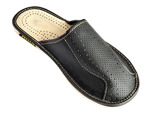 APREGGIO Pantoufles Chaussons Homme 100% Cuir Produit Naturel Fait Main Noir Semelle Solide Confort Confortable Doux, Noir, Taille 43 Cover