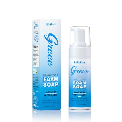 Emalla GRECE Tattoo Foam Soap, 5oz Unscented Tattoo Aftercare Soap for New Tattoos pH Balanced Cleaner Gentle Foam Wash with Witch Hazel & Aloe for Soothing Tattoo Supplies