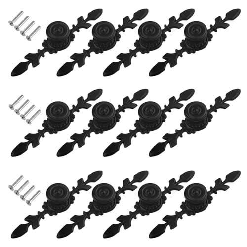 WMYCONGCONG 12Pcs 4.72" Kitchen Cabinet Drawer Knobs Vintage Black Drawer Pulls Door Knobs with Plate Antique Dresser Handles for Furniture Closet Wardrobe Furniture Door Floral Pattern Black