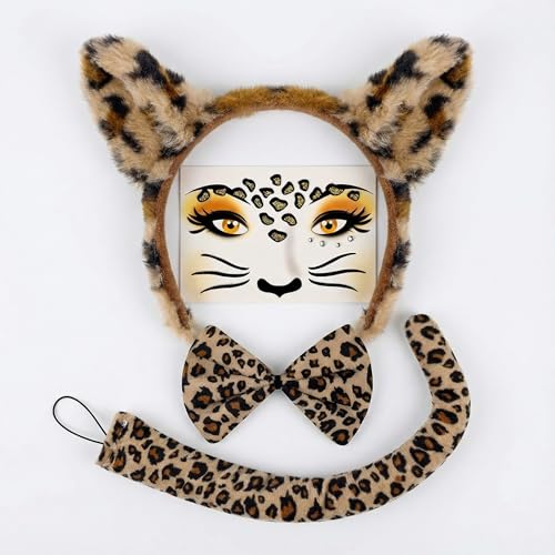 Zidoley 4 Stück Leopard Kostüm Set Beinhaltet Leoparden Ohren Haarreif, Leopardenmuster Gesichtsaufkleber, Leopard Fliege, Leoparden Schwanz für Fasching Karneval Halloween Kinder Erwachsene
