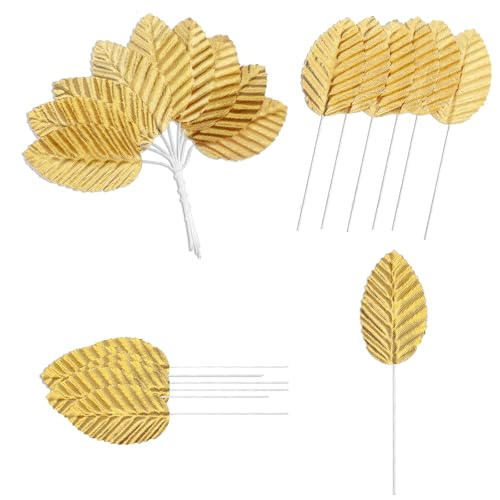 Bruislard 200 Pcs Golden Artificial Leaves with Stems DIY Corsage Single Leaf Crafts Gold Floral Accents Silk Leaf Artificial Leaves for Wedding Party Home Decor Flower Bouquet
