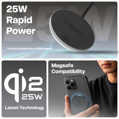 Image of Mozen Air 470 Qi 2.2 Wireless Charger /Magsafe Charger, Qi 2.2, 25W Wireless Charging with Mag Safe Compatibility, Magnetic Ring Included, Compatible with iPhone & Wireless Charging Devices