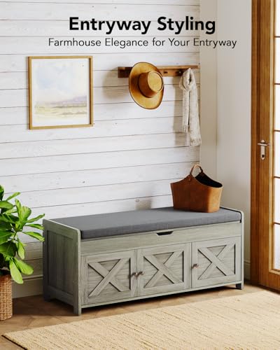 Pipishell Shoe Storage Bench, 2-Tier with Cushioned Seat, Entryway Bench with Adjustable Shelf & Barn Doors, 300 lbs Capacity, 39.4\" x 15\" x 18\", for Entryway, Bedroom, Living Room, Grey