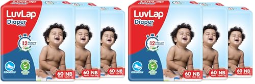 Image of LuvLap Baby Diaper Pants New Born Size (NB), with Aloe Vera Lotion for rash protection, 180 Count (60x3), with upto 12Hr protection For babies of Upto 5Kg, Extra Small (XS), SuperJumbo pack (60 Count, Pack of 6)