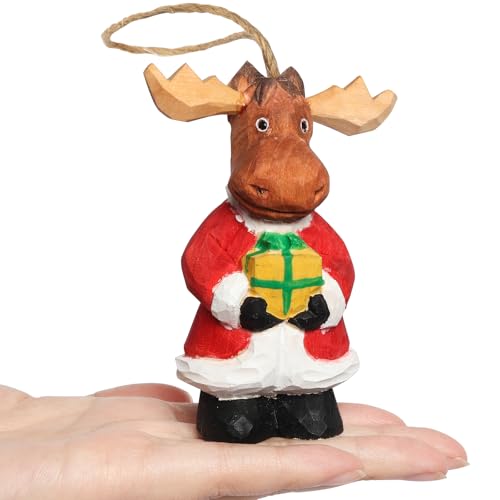 JSSTEM Christmas Toy Figure 100% Wood Handmade for Indoor Christmas Tree Decoration Ornament (Reindeer with Gift)