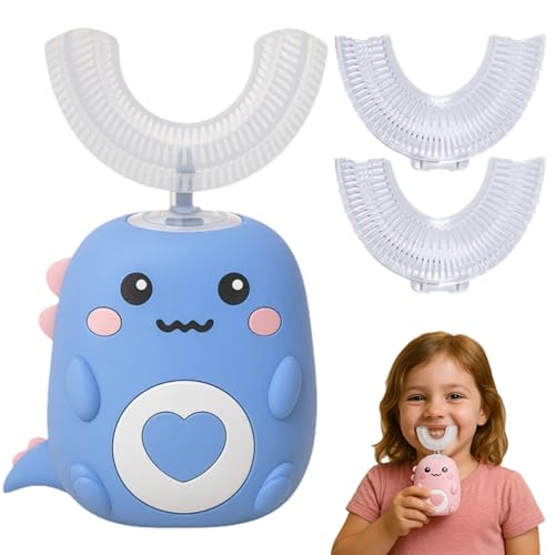 U-Shaped 360º Ultrasonic Toothbrush, 360 Kids Ultrasonic Toothbrush with 2 U Shaped Silicone Brush Heads, LED Light & Dino Look, Dino Electric Tooth Brush - Built for Kids (Blue, M)